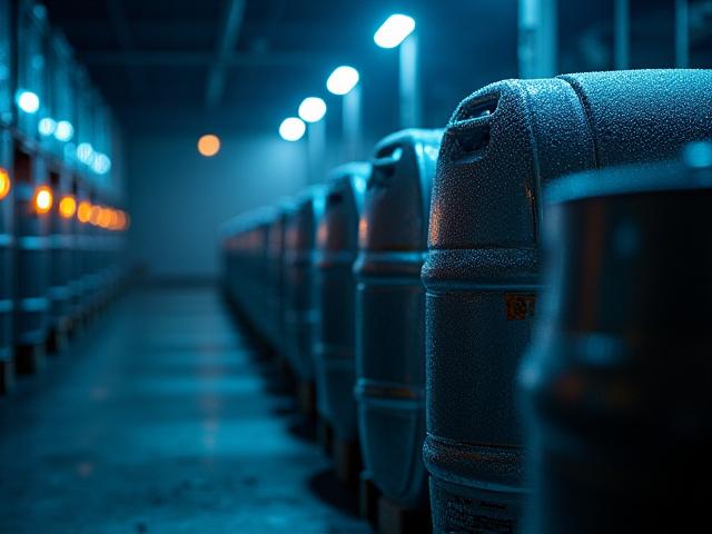 Craft beer kegs in a cold warehouse