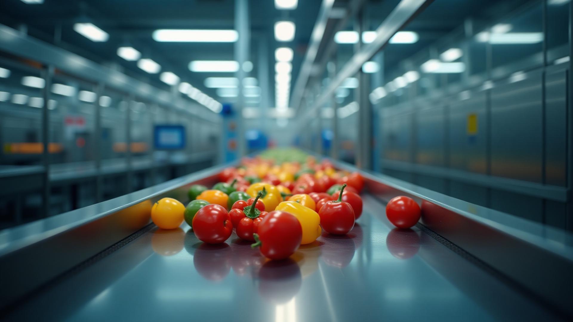 Vibrant fresh produce arranged on a modern conveyor line