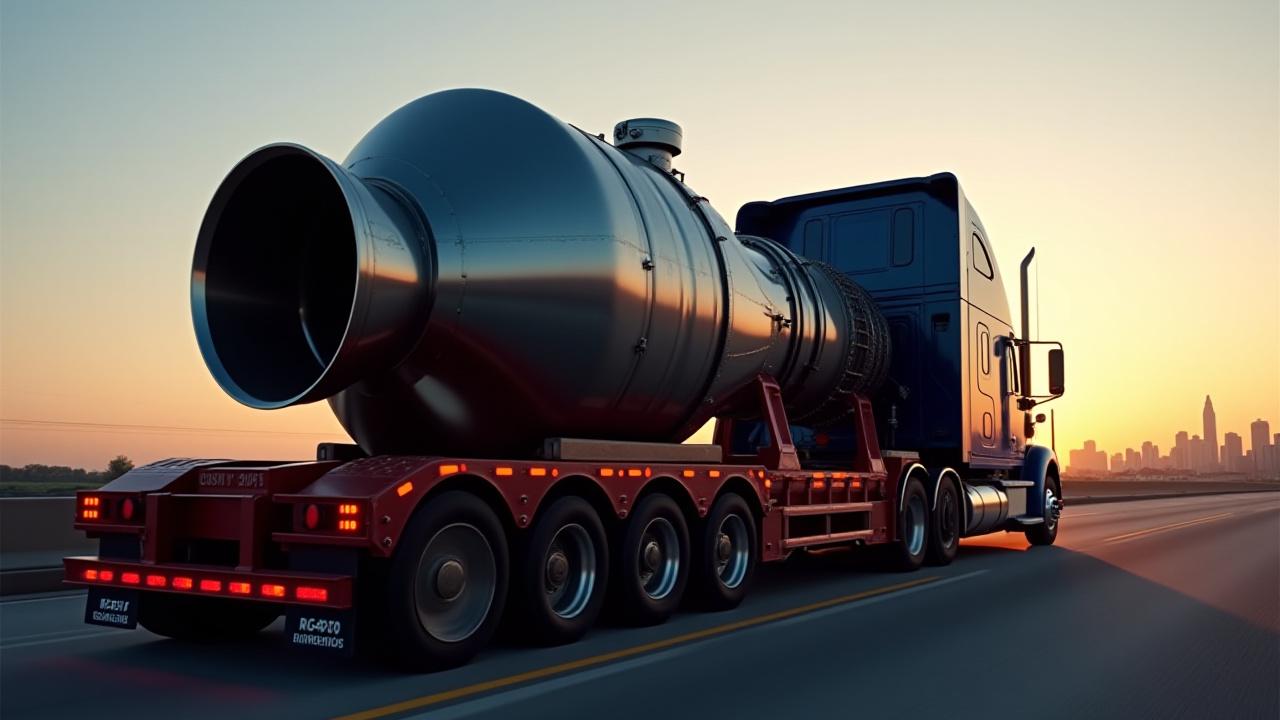 Large industrial machinery being loaded onto a specialized heavy-haul RGN trailer