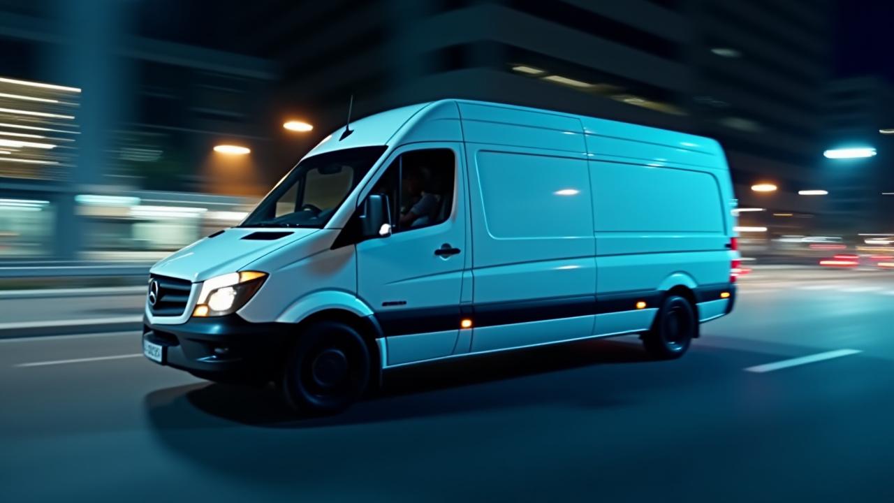 Expedited delivery truck moving at high speed during night time in Cincinnati