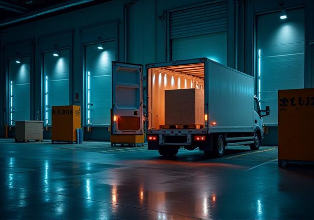 Urgent freight being loaded onto a sprinter van at a terminal