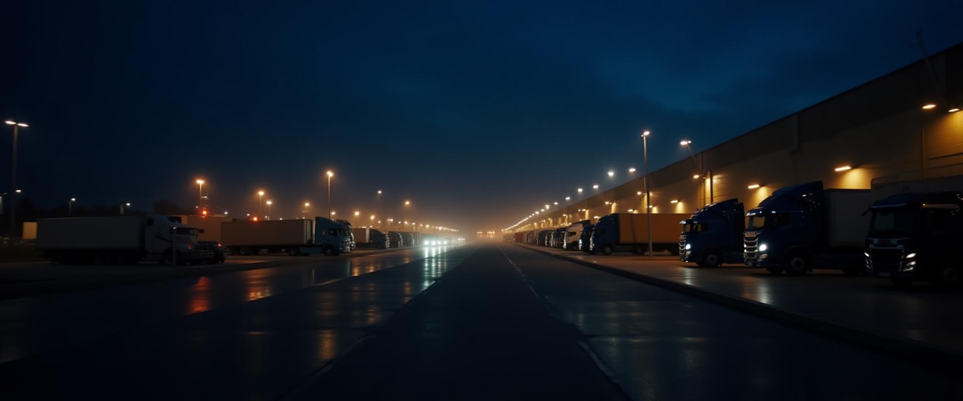 Logistics hub at night with illuminated trucks