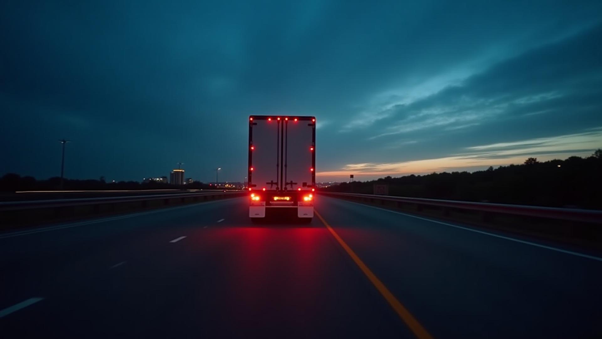 L&M Trucking semi-truck moving at high speed during dusk