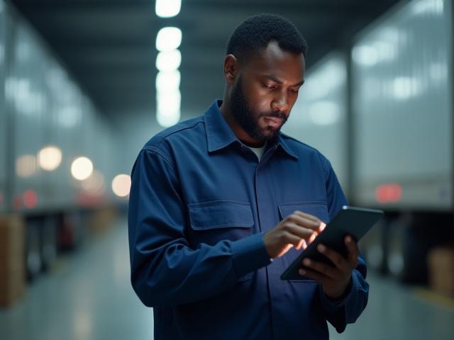 Professional L&M Trucking driver in uniform checking a temperature log on a tablet